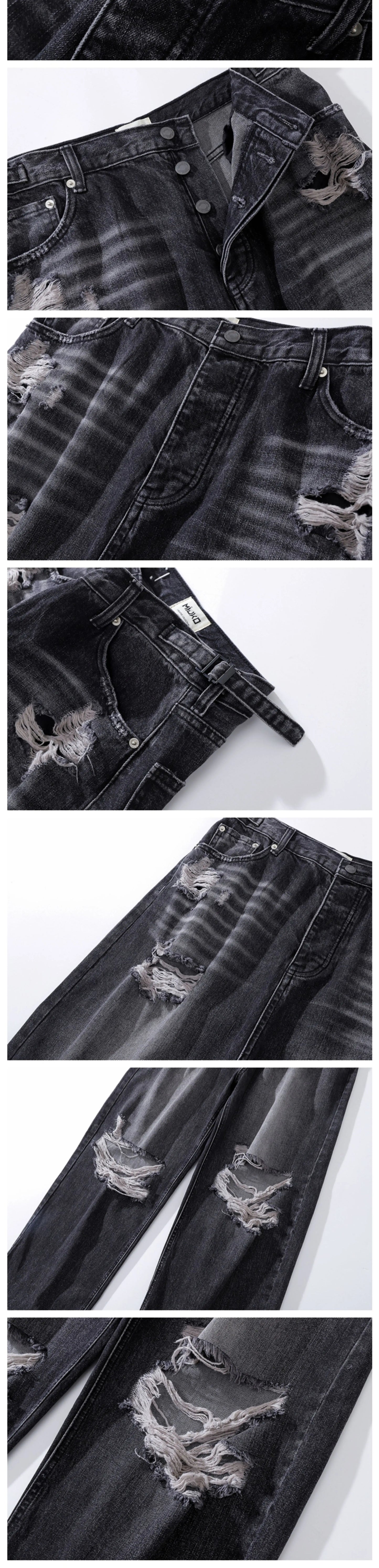 baggy ripped jeans damaged heavy industry washed jeans mens vintage vibe loose casual straight worn pants denim trousers unique jeans style 642