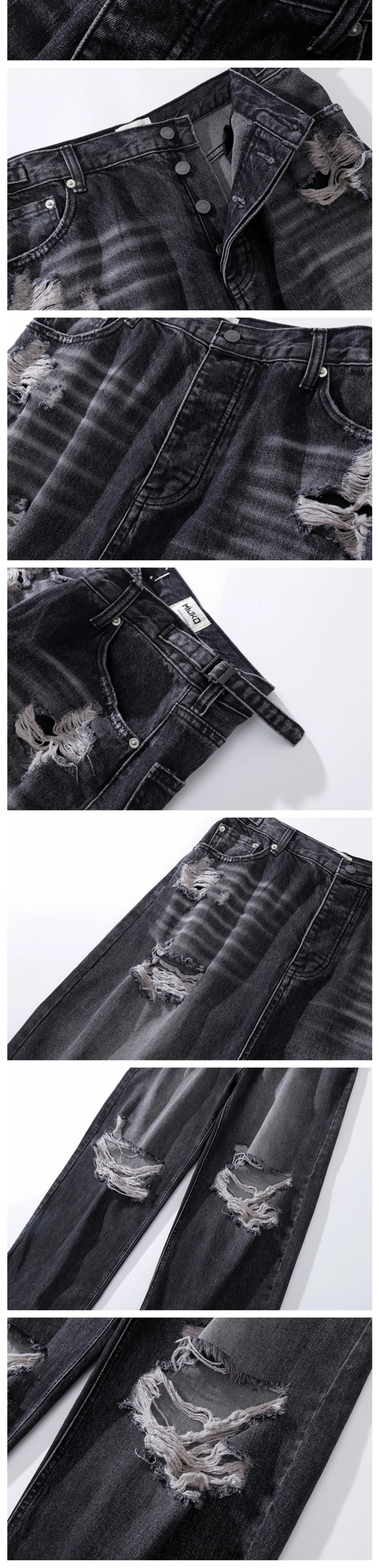 baggy ripped jeans damaged heavy industry washed jeans mens vintage vibe loose casual straight worn pants denim trousers unique jeans style 642