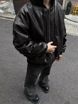 Winter American Fake Two Pieces Parkas Mens Heavy Weight Thicken Hip Hop PU Leather Cotton Jacket Trend Loose Motorcycle Coats