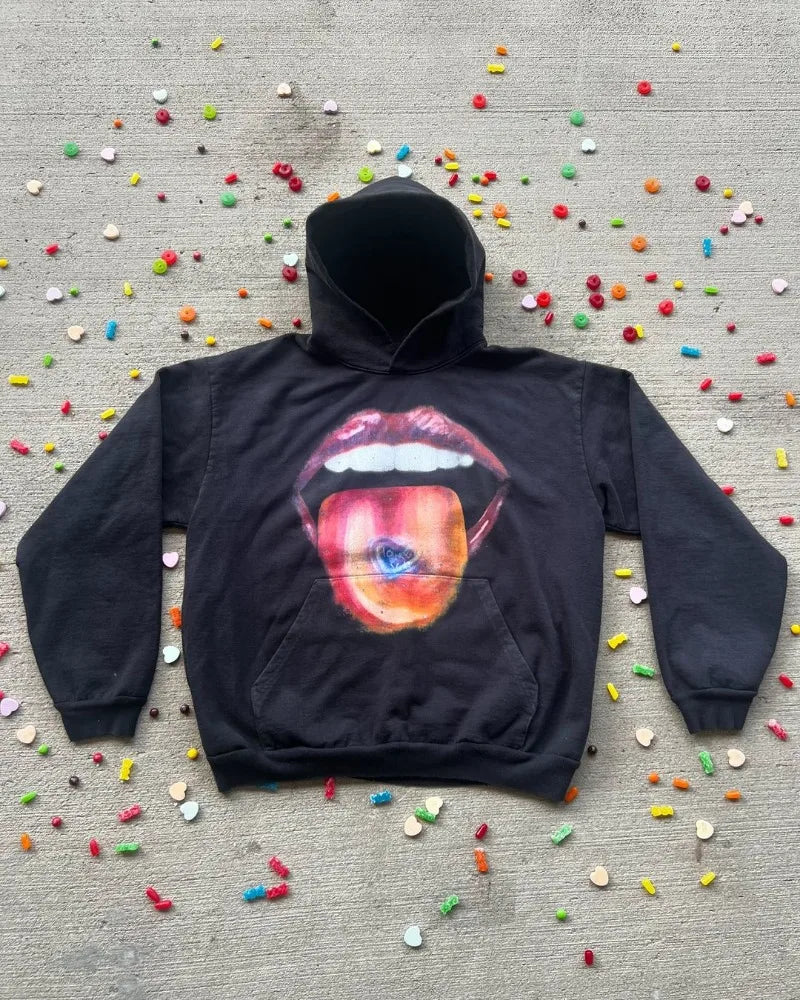 High Street Trendy Brand Big Mouth Cartoon Print Oversized Hoodie Wome