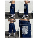 hip hop pockets embroidery letter print jeans shorts for men summer retro oversized wide leg denim knee lenght pants unique jeans style 3633