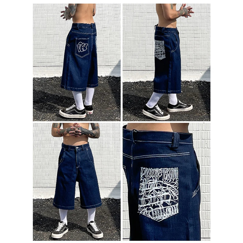 hip hop pockets embroidery letter print jeans shorts for men summer retro oversized wide leg denim knee lenght pants unique jeans style 3633