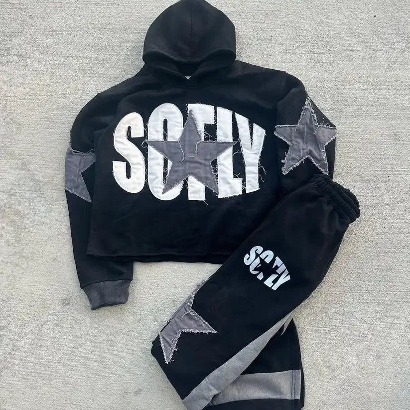 Gothic Retro Harajuku Star Embroidered Letter Oversized Hoodie Mens An