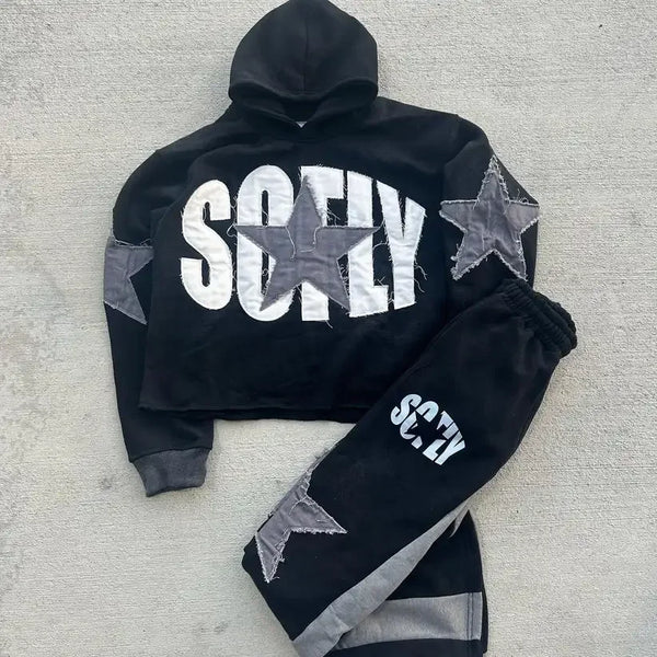 Gothic Retro Harajuku Star Embroidered Letter Oversized Hoodie Mens An