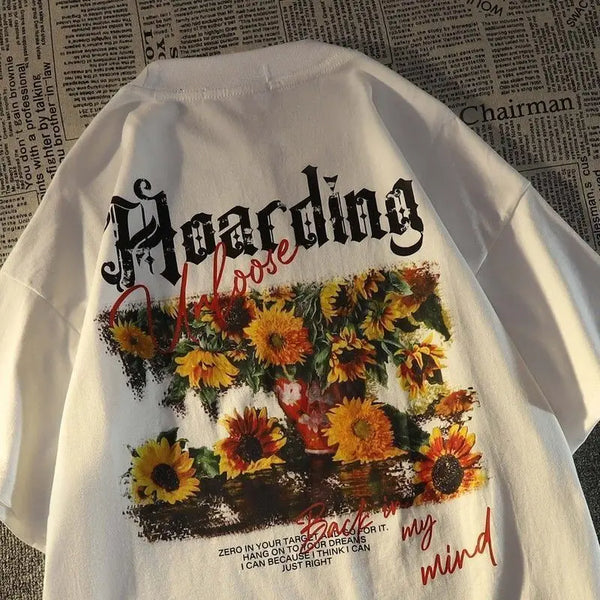 Vaporwave Vintage print – Pure Cotton American Retro Sunflower Print Short Sleeved T S