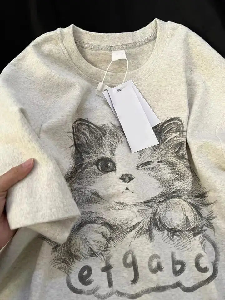 Sadcore Aesthetic piece – Korean Summer Men And Women Trend Personalized Cat Print Rou