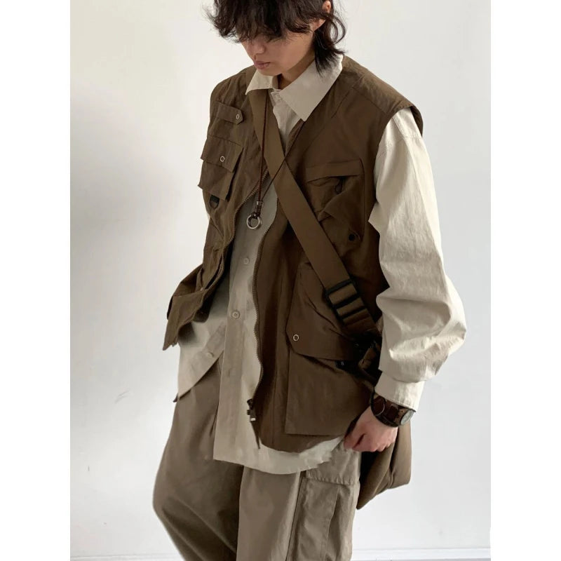 japanese street mens 3 piece set multi pocket camping vest solid cargo shirt side pockets casual pants suit couple trend set combat utility trousers