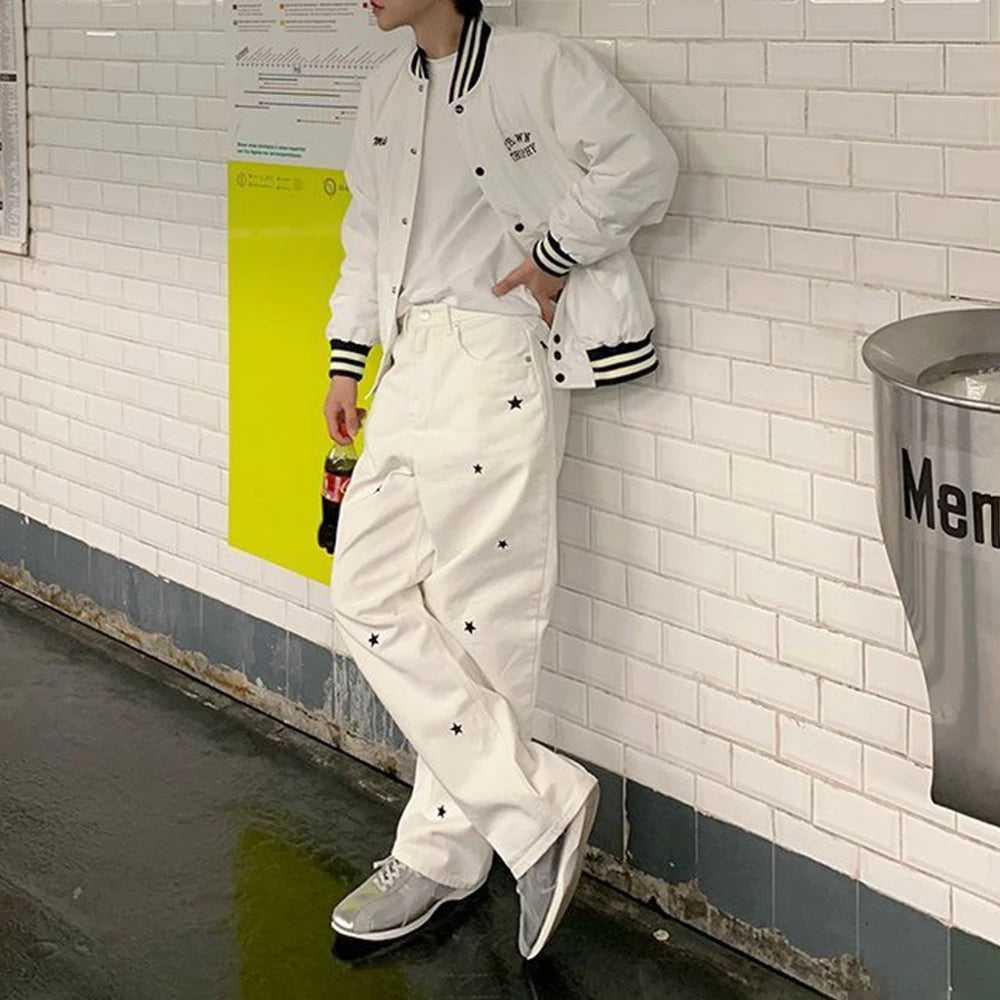 mens jeans stars embroidered cotton casual pants autumn streetwear fashion streetwear youth campus trousers mens clothing 2024 unique jeans style 112