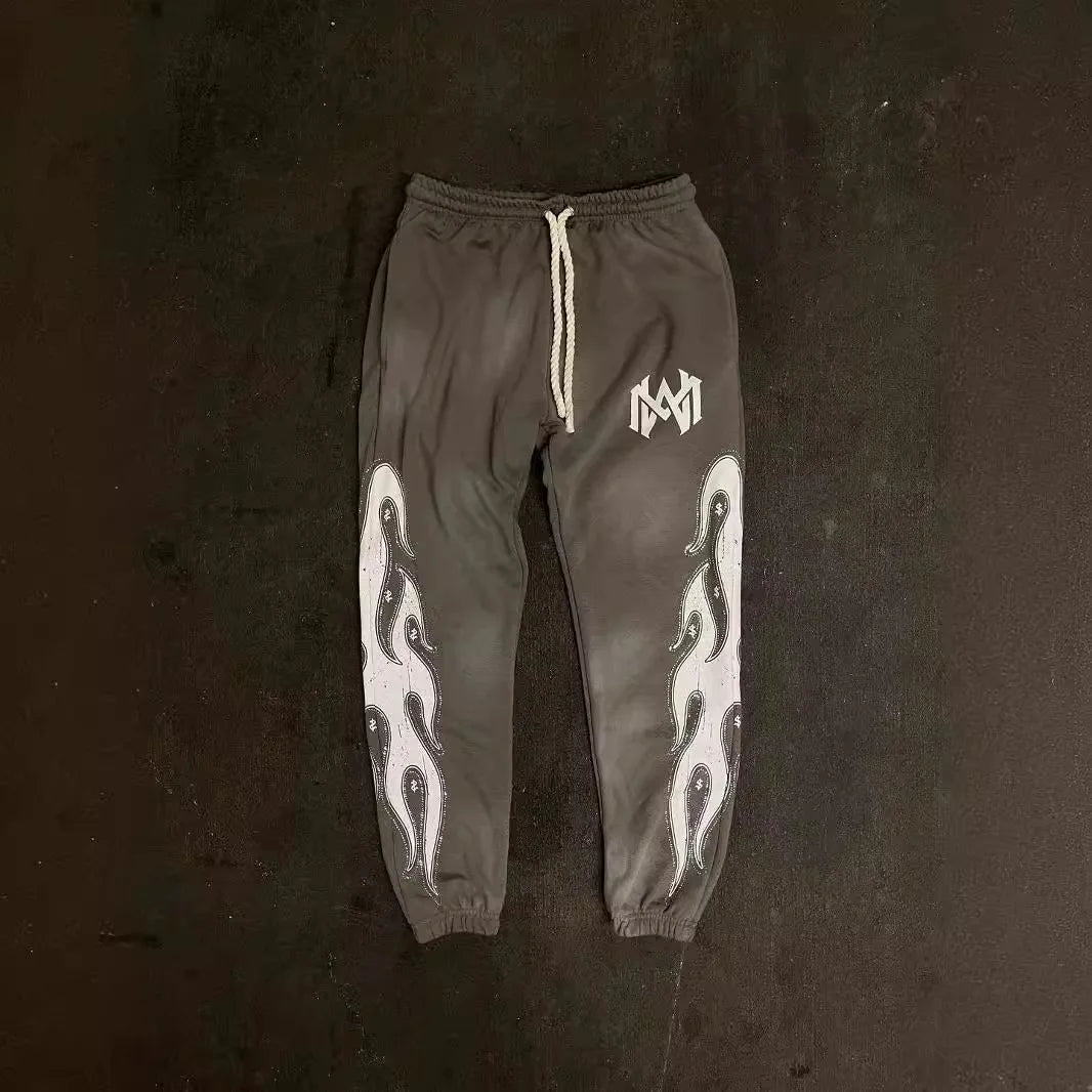 2024 y2k long sleeved zippered printed pullover hoodie hoodie and pants two piece streetwear trendy outfit dark vintage outfit menswear bottoms