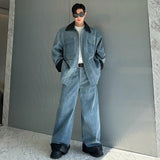 fashion show suits men streetwear washed denim splice loose casual jacket wide leg jeans pants 2 piece sets coat trousers suits vintage washed jeans