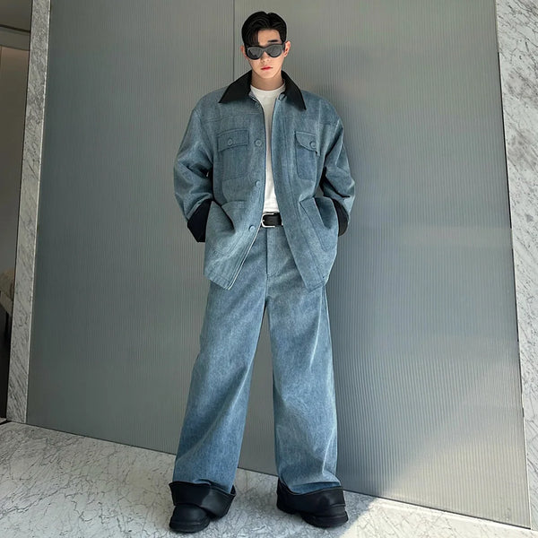 fashion show suits men streetwear washed denim splice loose casual jacket wide leg jeans pants 2 piece sets coat trousers suits vintage washed jeans