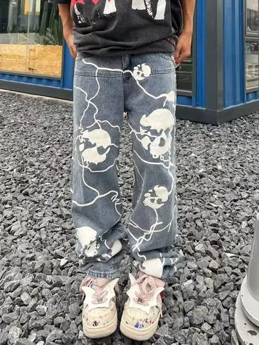 fashion lightning skull printed denim jeans mens unisex casual zipper straight jeans streetwear hip hop y2k jean pants joggers unique joggers style 712