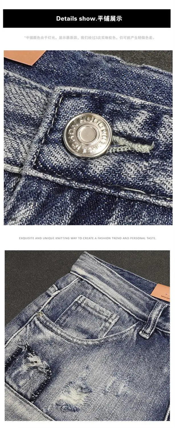 Light Blue Ripped Summer Denim Shorts Street Heavy Washed Destroyed Shorts Men