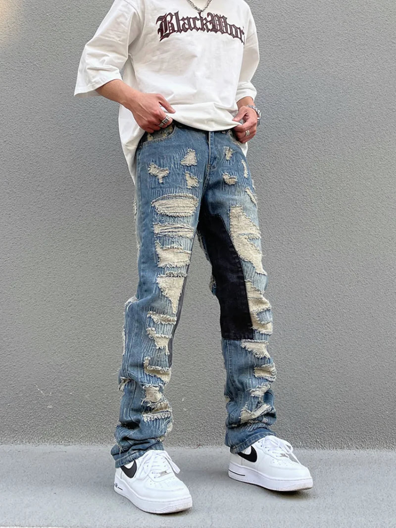 destroy ripped scratched patchwork denim jeans mens casual straight biker zipper trousers streetwear hip hop jean pants joggers casual joggers