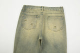 High Street Washed Hole Frayed Yellow Mud Jeans Men's Harajuku Retro Straight Pockets Solid Color Baggy Casual Denim Trousers