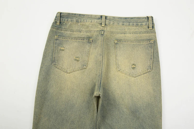 High Street Washed Hole Frayed Yellow Mud Jeans Men's Harajuku Retro Straight Pockets Solid Color Baggy Casual Denim Trousers