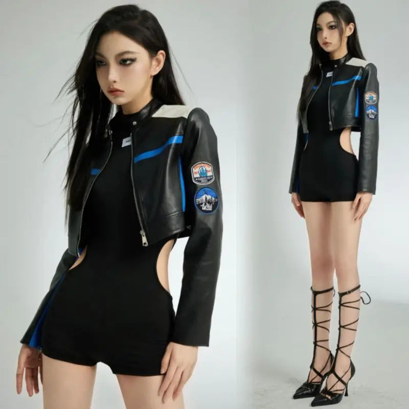 hip fit oversized style graphic streetwear - premium casual fashion essential urban 26950c hop high image american-casual-letter-pu-leather-coat-womens-2023-new-contrast-versatile-short-zipper-top-jacket-women-harajuku-goth-clothes quality print wear design unisex everyday material style streetwear design ID fe111