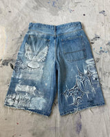 y2k american street retro graffiti anime print oversized denim shorts men shorts high waist fashion loose casual wide leg pants unique jeans style 3495