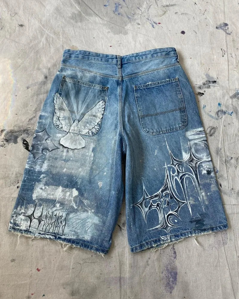 y2k american street retro graffiti anime print oversized denim shorts men shorts high waist fashion loose casual wide leg pants unique jeans style 3495