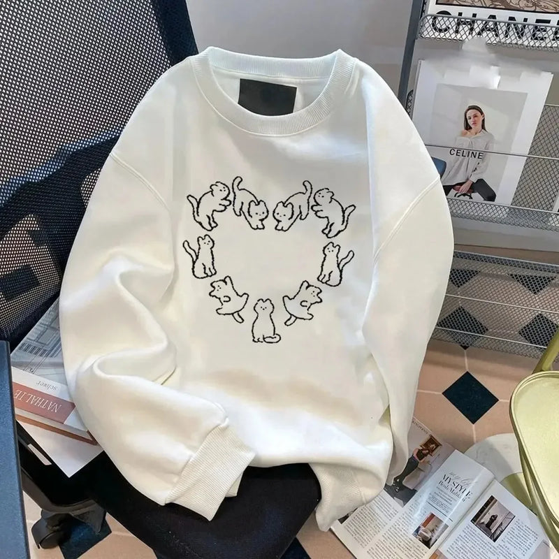 Korean Version Of The New Cat Print Crew Neck Hoodie For Men And Women