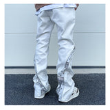 high street black white straight zipper becomes slightly flared denim jeans harajuku casual hip hop cashew flower jeans for men unique jeans style 4411