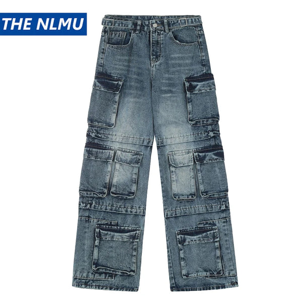 vintage multi pocket jeans mens harajuku cargo denim pants retro hip hop straight loose jean pants men clothing 1 multi-pocket cargos