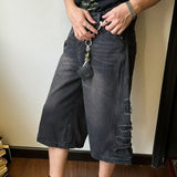 mens hip hop washed denim shorts broken hole folds burr edge street punk cowboy middle pants pockets bomber quarter pants y2k ripped baggy denim