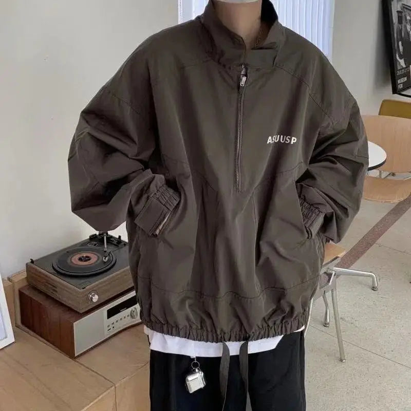 Mens Coat Spring And Autumn Stand Up Collar Half Zipper Oversize High