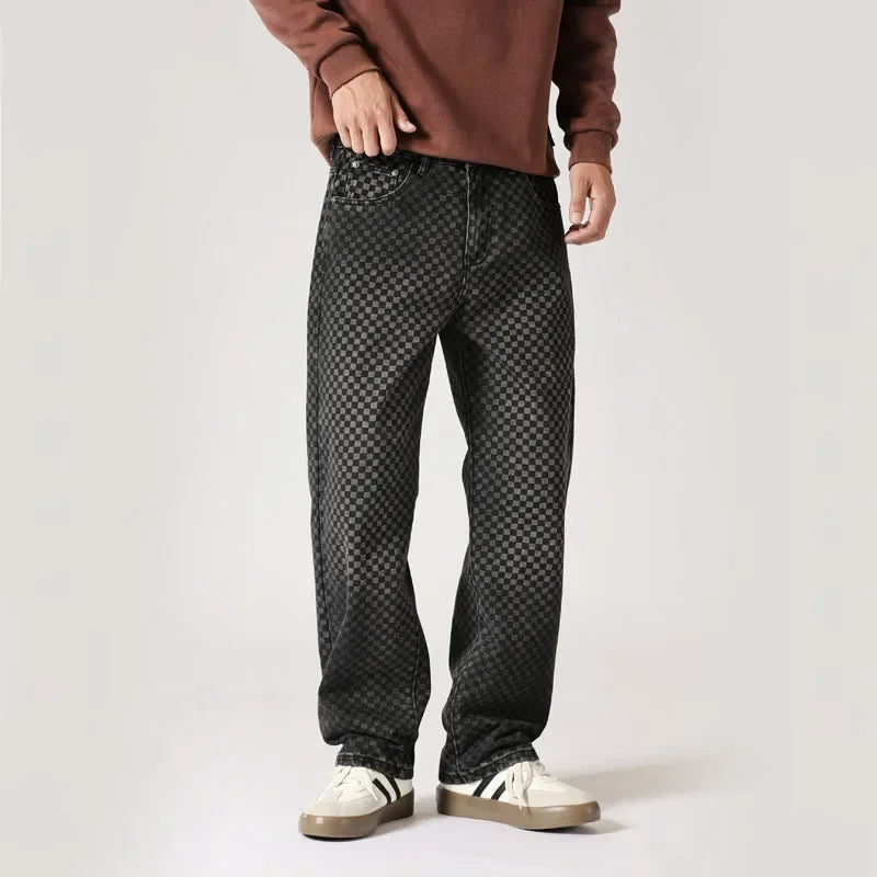 men streetwear fashion hip hop loose casual print black plaid denim pant jeans man vibe straight cowboy baggy jeans trousers stacked flare jeans