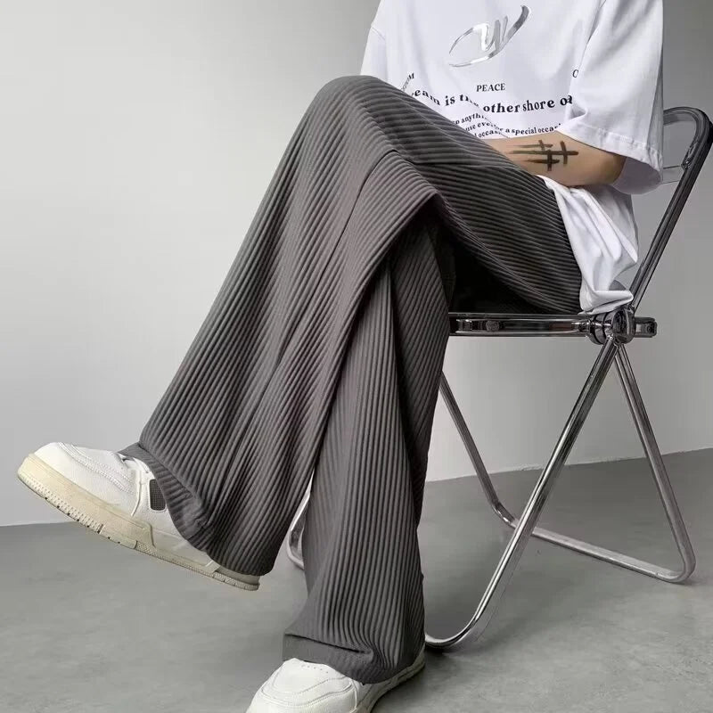 summer texture straight pants for men korean fashion baggy wide leg trousers casual drape pleated striped y2k pantalones hombre minimalist street pants