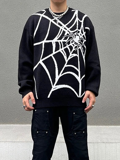 hip hop harajuku spider web pattern knitted sweater unisex pullover streetwear winter casual loose sweater warm jumper knitwear - gothic aesthetic hoodie for winter, oversized streetwear hoodie, high quality cotton hoodie