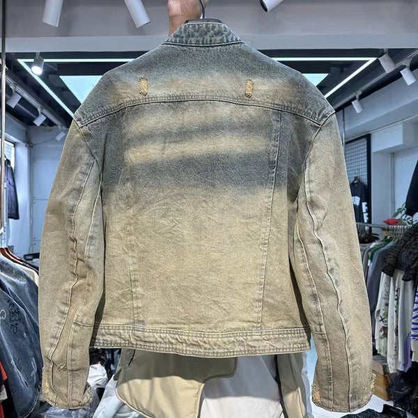 trendy coat featuring collarless wash denim motorcycle jacket design – premium quality jacket for men