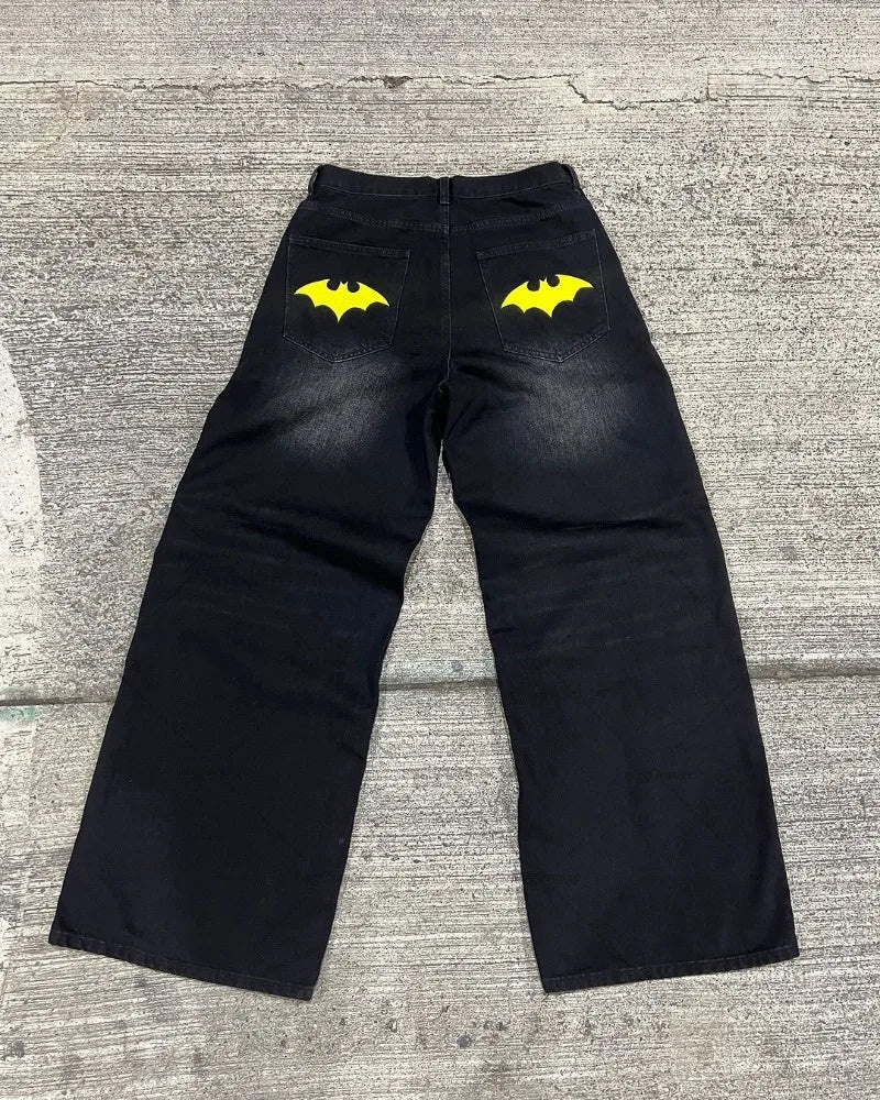 american style baggy oversized jeans y2k harajuku retro hip hop streetwear gothic bat pattern casual straight wide leg pants men unique jeans style 2729