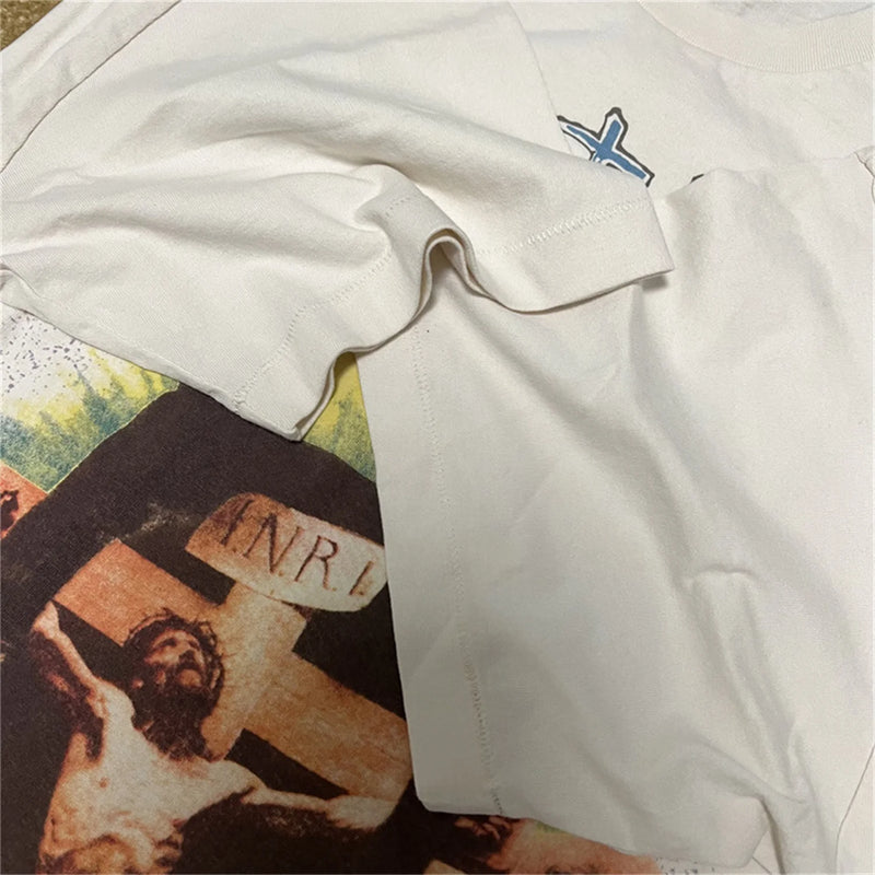 24SS New Vintage Retro Cross Printing Washed Distressed Short Sleeves T-Shirt Tops