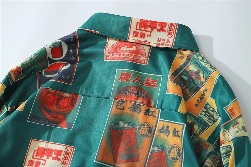 Dark Icon Vintage Printed Shirts Men Turn-down Collar Men's Shirt Streetwear Shirts for Man