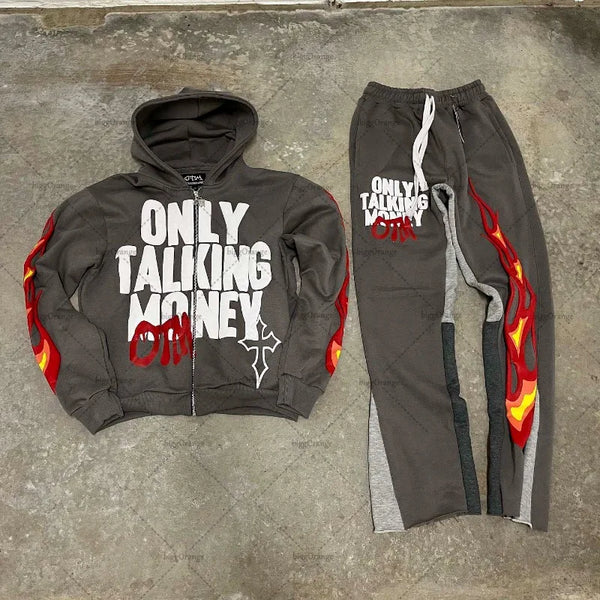 American Fashion Gothic Flame Letter Print Oversized Hoodie Mens Y2K S