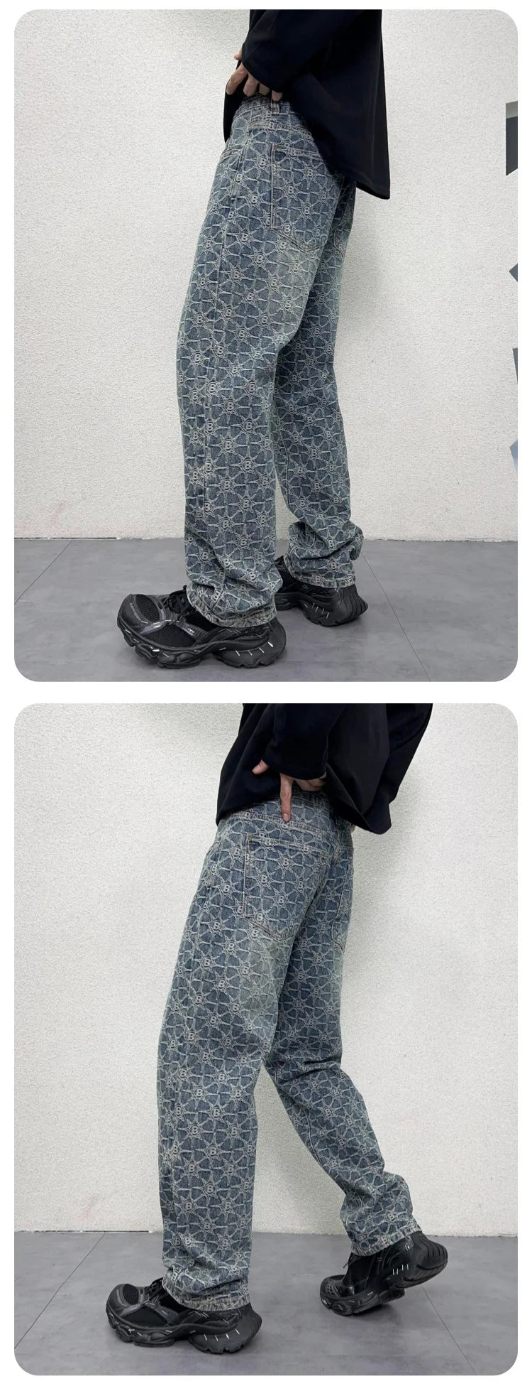 men jacquard streetwear hip hop vibe casual straight denim jeans pants boyfriend high street ripped jeans trousers unique jeans style 3122