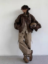 Retro Motorcycle Leather Jacket Men Woman Japanese Loose Streetwear Bomber Jackets Spring Autumn Casual PU Cargo Outwear Unisex