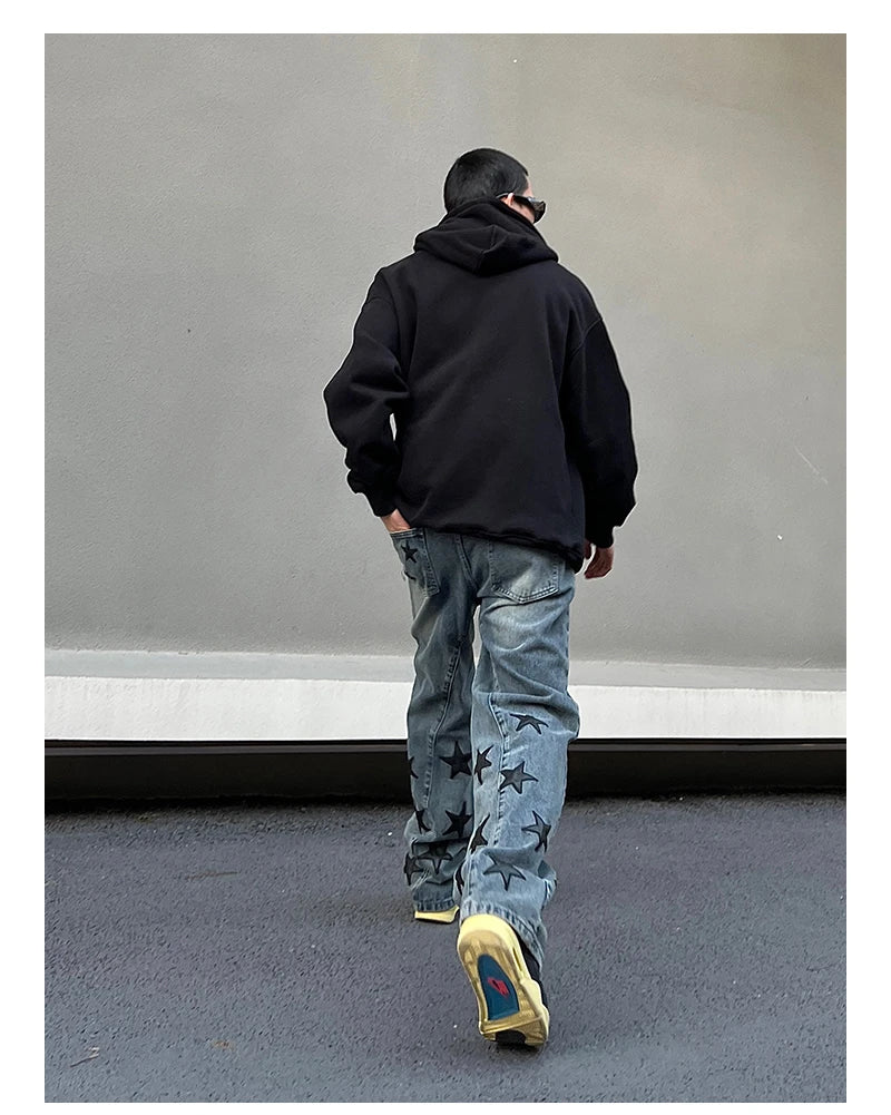 mens high street stars embroidery denim jean pants casual loose straight jeans hip hop y2k unisex pants streetwear joggers unique joggers style 3933