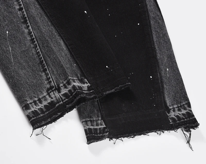 patchwork graffiti black straight denim pants mens vintage patches stitching ink splashed jeans y2k logging cargo pants for male unique cargo style 1491
