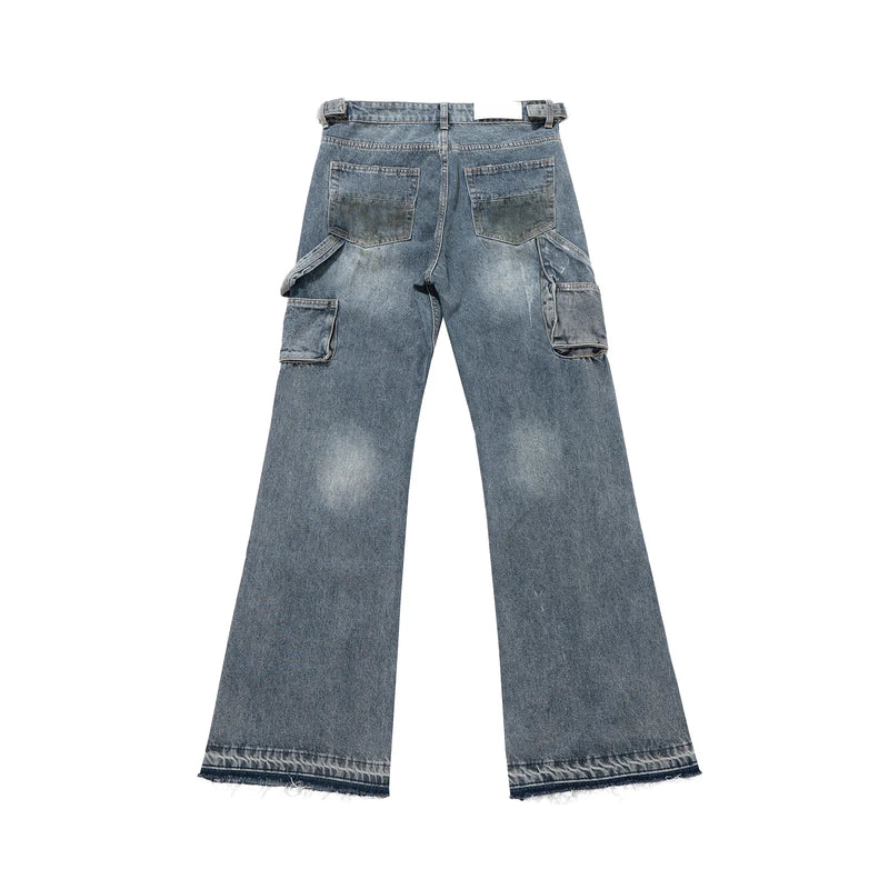 Streetwear Handmade Mud Dyed Dirty Blue Baggy Jeans for Men Distressed Hole Casual Patchwork Denim Trousers Oversized