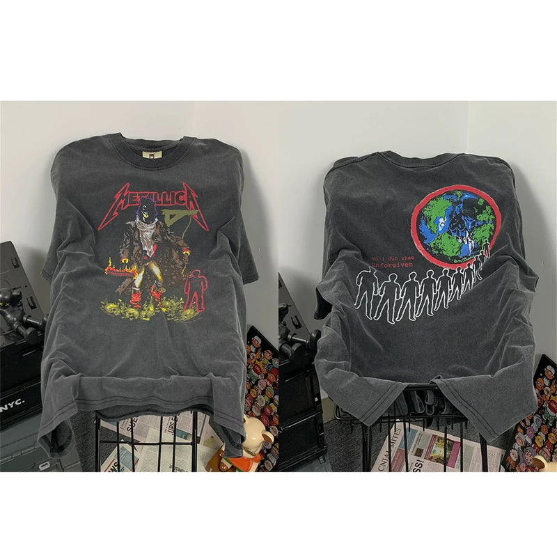 Retro Vintage Metal Rock Band T-Shirt Portrait High-Street Washed Distressed Cotton Tops T-Shirt For Summer