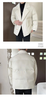 Men Winter Faux Fur Collar Splice Leather Business Casual Cotton-padded Jacket Streetwear Fashion Loose Leather Parka Coat