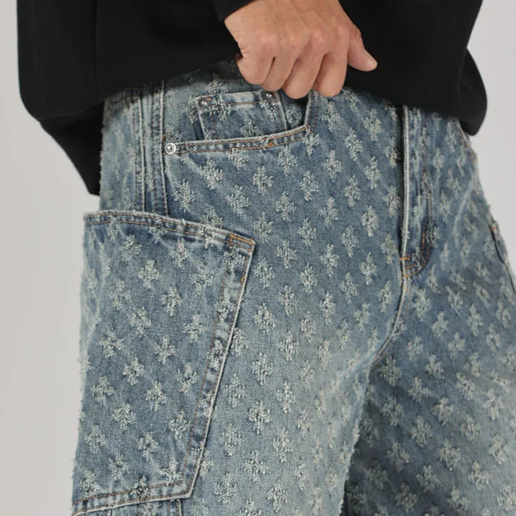 men brand fashion loose casual splice pocket jacquard vintage wide leg baggy jeans cityboy denim baggy jeans pants trousers unique jeans style 2962