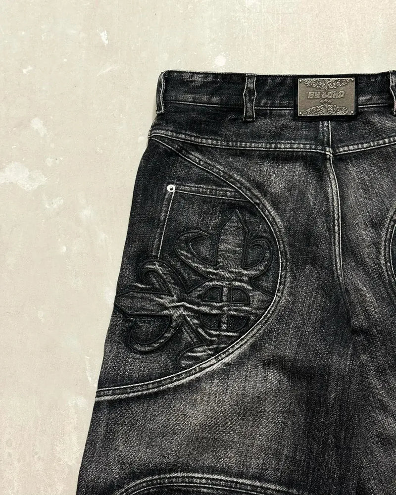 y2k baggy jeans women hip hop goth retro high waisted jeans black slouchy oversized embroidery pattern denim pants streetwear unique jeans style 604