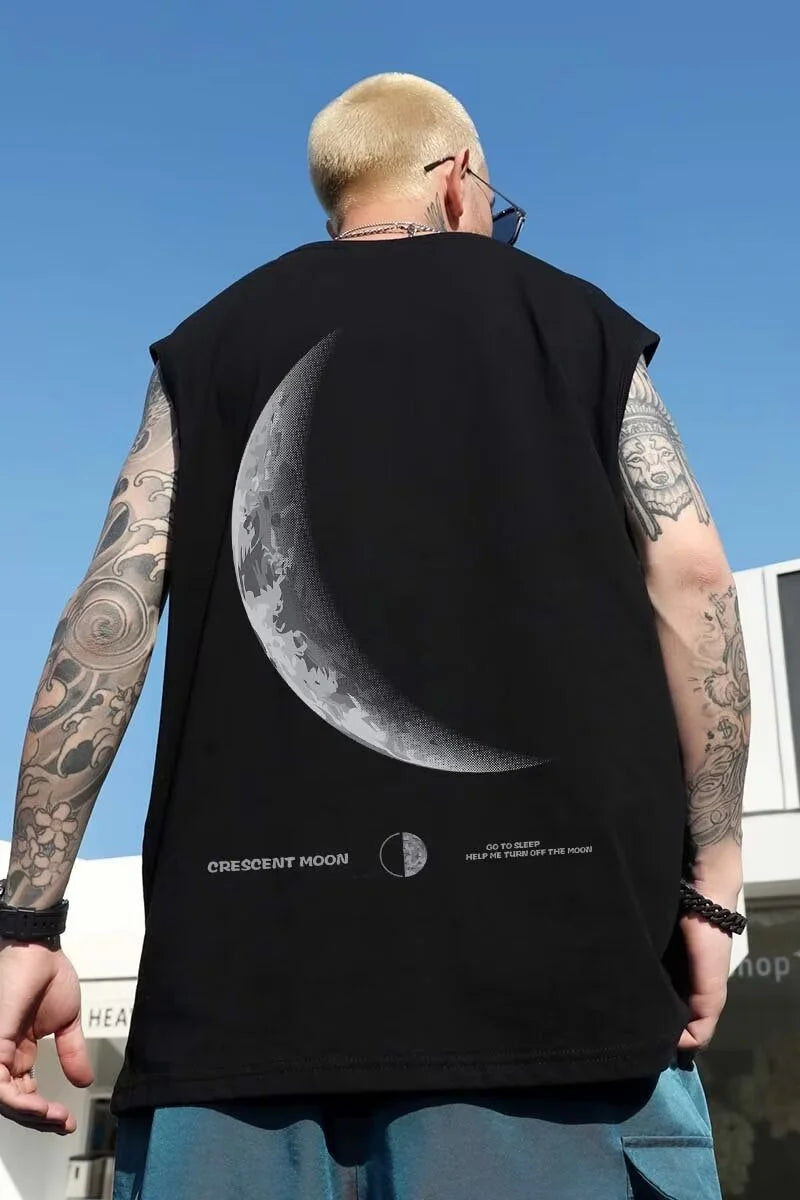 Vaporwave Chrome print – New Crescent Moon Graphic Printed Sleeveless T Shirt Mens Su