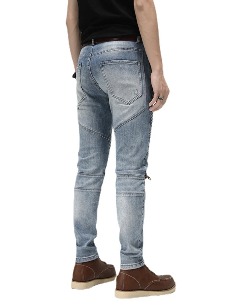 knee zipper patchwork pleated skinny denim jeans men casual slim biker trousers jeans fashion streetwear hip hop pants joggers sporty tapered joggers