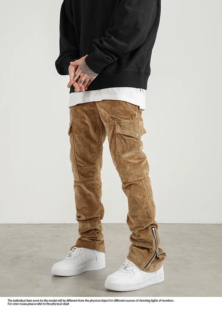 mens corduroy cargo pants new casual hip hop side pockets skinny trousers streetwear bottom zipper fashion slim fit pant joggers unique joggers style 4110