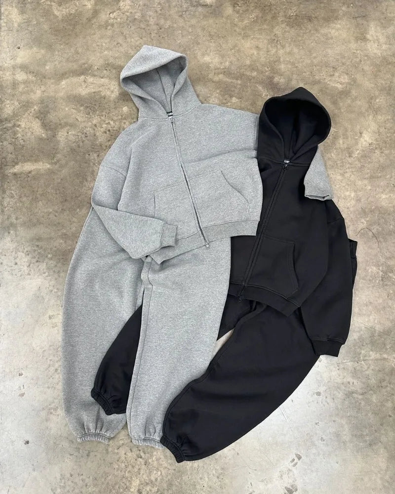 American High Street Fashion Casual Hoodie Men Y2K Harajuku Retro Soli