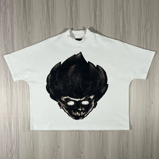 oversized y2k t-shirt with retro cartoon glitch and drip elements